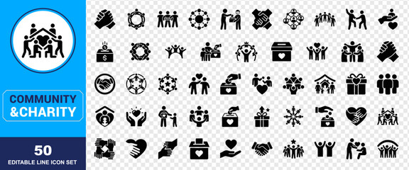 Obraz premium Community Care and Charity Icon Set Featuring Volunteering Teamwork Donation Box Support Friendship Unity Partnership Love Philanthropy and Togetherness Vector Glyphs