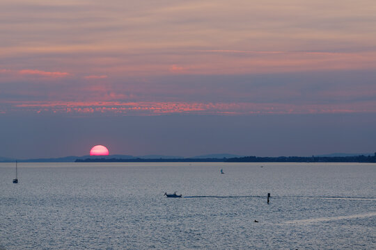 Austria, Vorarlberg, Lake Constance, View from Bregenz at sunset