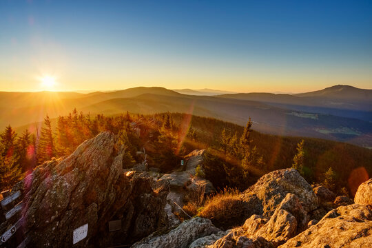 Germany, Bavaria, Upper Palatinate, Bohemian Forest, Border Czechia, Bavarian Forest, Grosser Osser near Lam at sunrise
