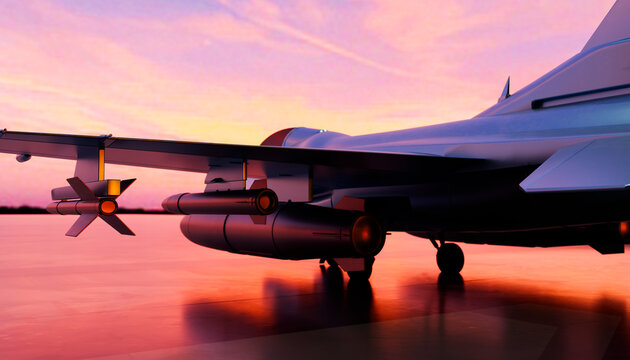 Military fighter jet with missile on airport apron at sunset