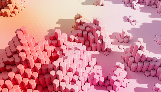 A pink hexagonal structure forms an abstract 3d landscape