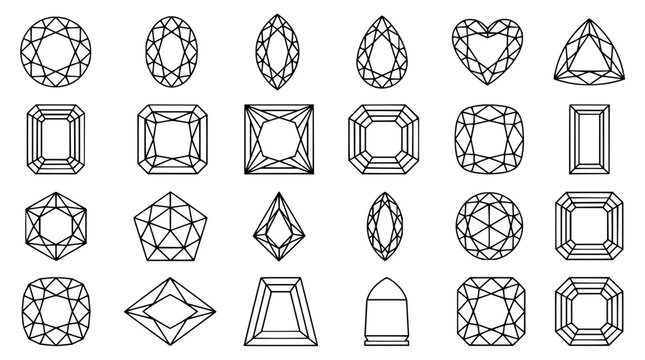 Gemstone set with various cut shapes featuring round, oval, pear, heart, and triangle with facets and line art