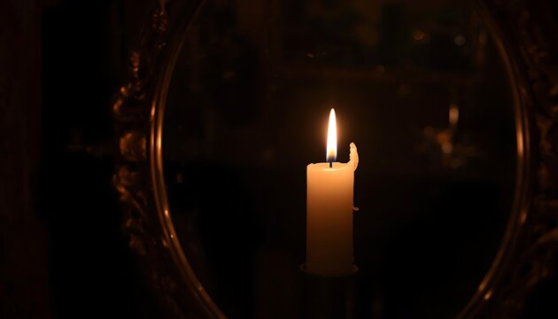 A single burning white wax candle reflected in a vintage round ornate mirror in a dark room creating a moody atmospheric scene with reflection atmosphere interior peaceful solitude