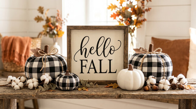 Rustic fall display with buffalo check pumpkins and a "Hello Fall" sign, symbolizing autumn, harvest, and cozy home decor
