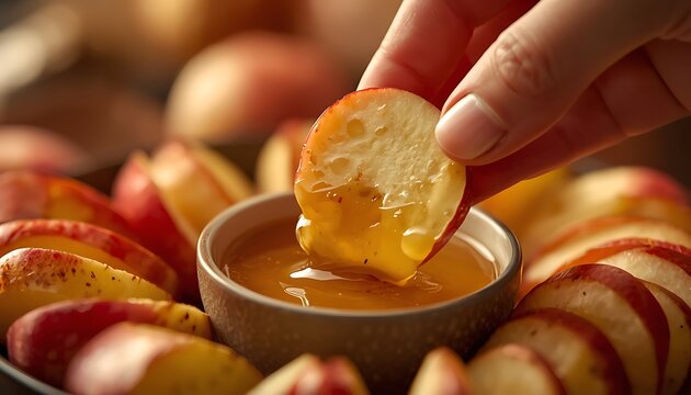 Hand dipping a slice of sweet fresh apple into a small ceramic bowl filled with golden honey surrounded by fruit slices nutrition breakfast delicious appetizer vegetarian