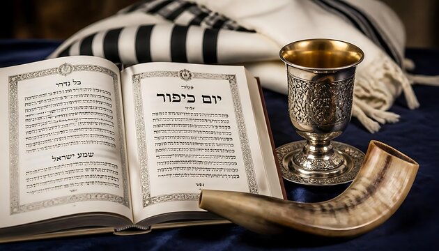 Traditional jewish prayer book siddur with shofar and silver kiddush cup rosh hashanah yom kippur ram horn blue cloth still life wine cup jewish holidays autumn holidays