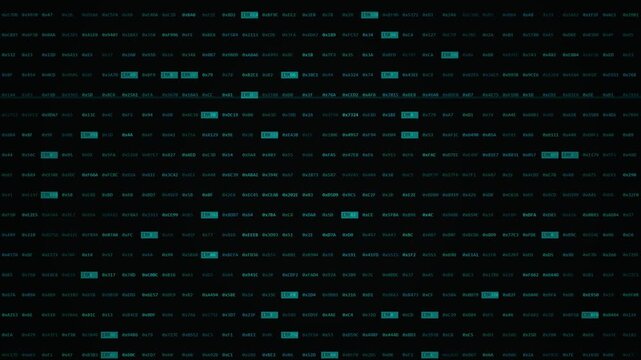Digital data stream with glowing cyan code blocks on a dark background