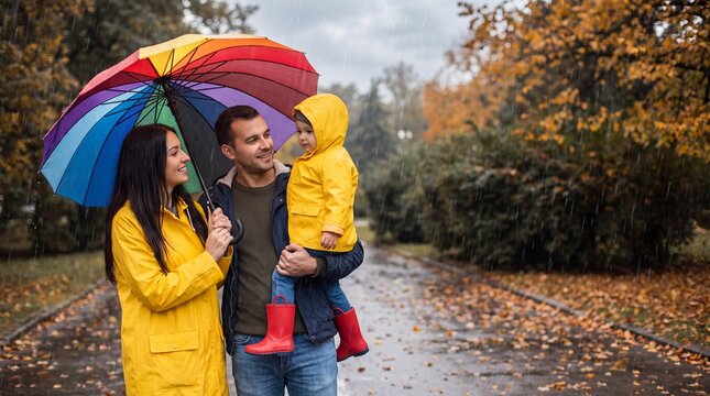 Family with colorful umbrella enjoys rainy day in park, wearing yellow raincoats and red boots, surrounded by autumn foliage and wet pavement