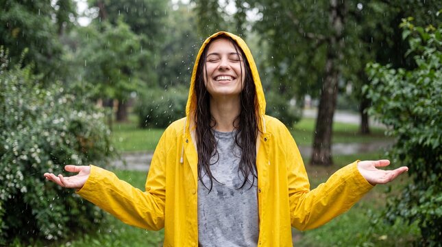 Woman in yellow raincoat stands outdoors with arms outstretched, enjoying the rain in a lush green park setting