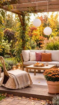 Cozy outdoor seating area with modern furniture, decorative pillows, and autumn foliage in a garden setting