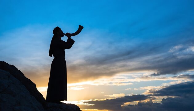 Silhouette of a man blowing the shofar horn against a dramatic sunset sky with rosh hashanah yom kippur silhouette tradition spiritual mountain outdoors sunlight landscape