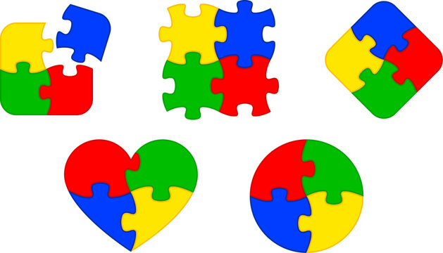 various simple shapes with 4 colored puzzle pieces connected together logo set blue green yellow red vector set on transparent background
