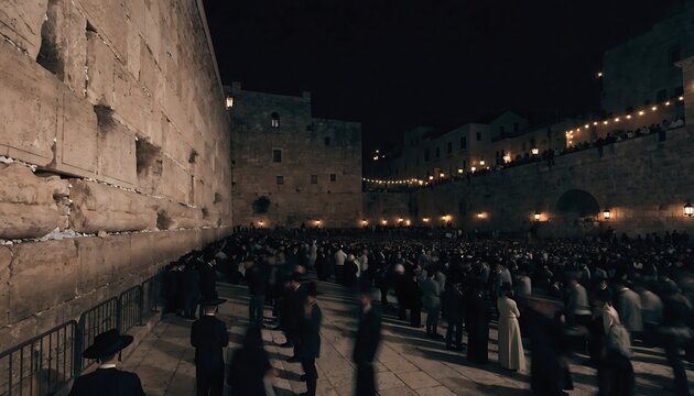 Large crowd of people gathered at night in front of an illuminated ancient stone wall plaza with night gathering praying crowd historical site historic wall religious site