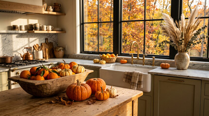 Naklejka premium Autumn kitchen scene with pumpkins and oranges, symbolizing harvest and cozy season, suitable for lifestyle or seasonal themes