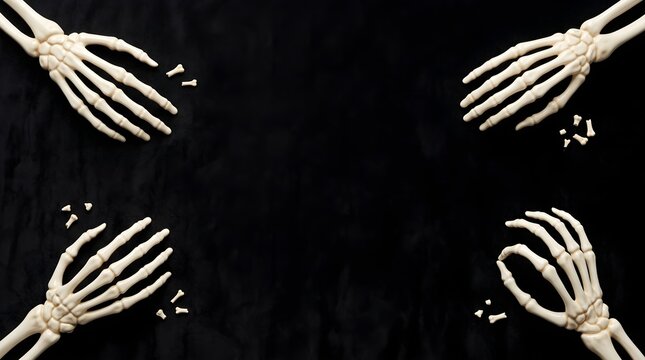 Four human skeleton hands reaching from corners on a black background for Halloween design.