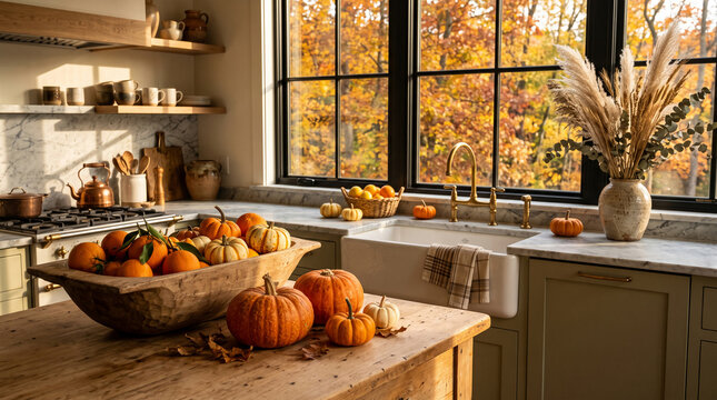 Autumn kitchen scene with pumpkins and oranges, symbolizing harvest and cozy season, suitable for lifestyle or seasonal themes