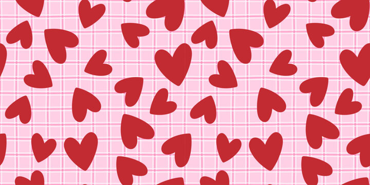 Texture seamless heart and pattern love girly with background cute vector. Print celebration retro and baby vintage pink with checkered fabric check. Kid elegant whimsical and dot spring grid.