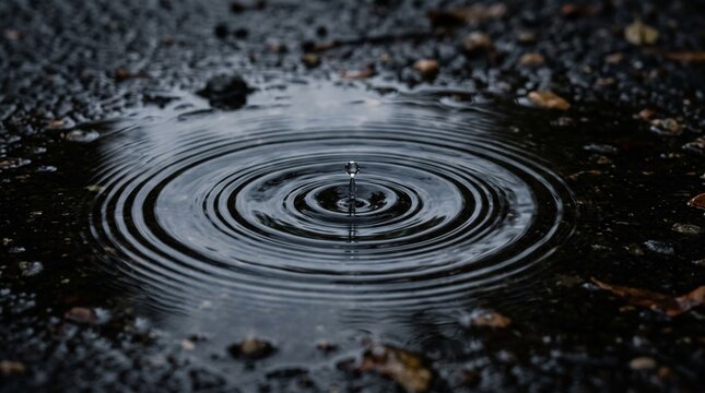 Single raindrop creating expanding circular ripples on dark wet asphalt surface, symbolizing nature purity and water impact
