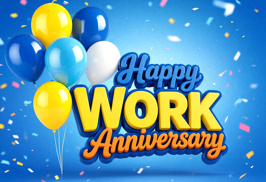 Colorful happy work anniversary celebration with balloons and confetti in vibrant design
