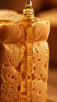 Honey dripping onto thick slice of toasted artisan bread.