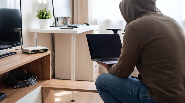 Anonymous hooded man holding laptop computer troubleshooting wireless wifi internet router connection and home network security system