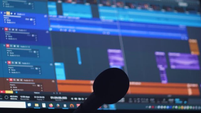 A close-up silhouette of a studio microphone sits in the foreground of a workplace. In the background, a blurred computer monitor displays the interface of digital audio workstation 