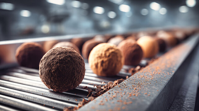 Close-up view of exquisite chocolate truffles moving along a con