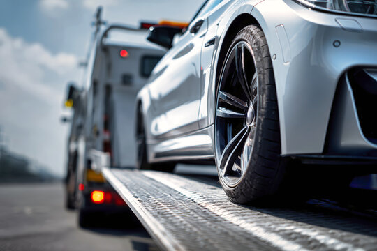 A white car is being loaded onto a tow truck on a sunny day. The