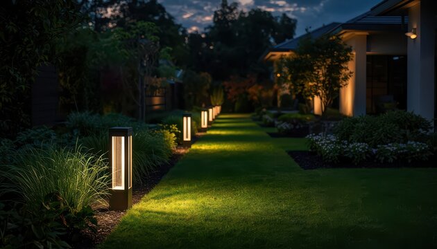 Illuminated pathway with modern bollard lights in a lush green backyard at twilight