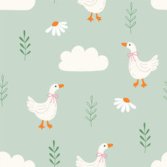 Fototapeta premium Cute white duck vector seamless pattern with daisies, leaves, and clouds on soft sage green background for nursery decor, baby clothing, and textile design.