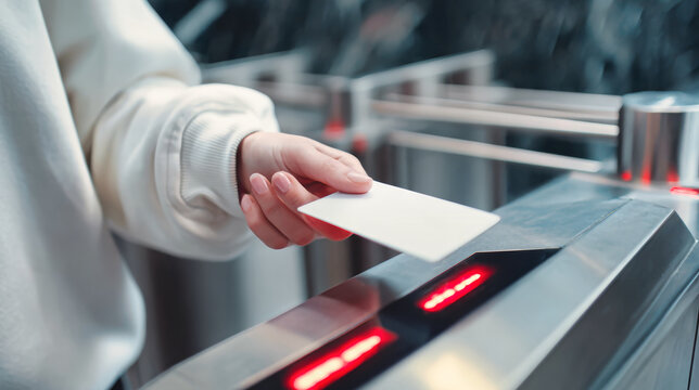 A person stands at an entry point and scans an access card to en