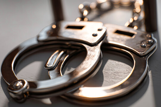 Handcuffs rest against prison bars on a gray background. The sce