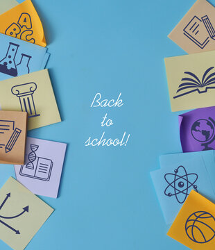 Colorful school-related cards arranged around a central &ldquo;Back to school!&rdquo; message, creating a bright educational composition.