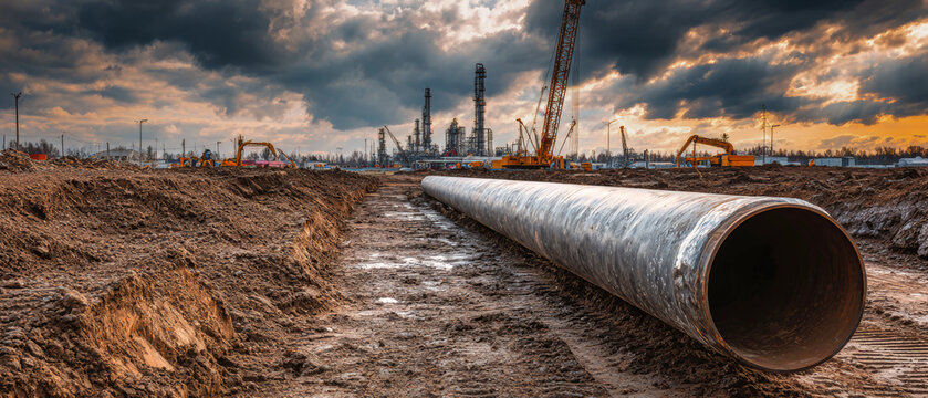 Industrial pipeline rests on ground at gas station construction
