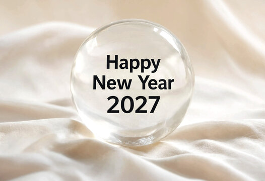 Crystal ball with happy new year two thousand twentyseven text on fabric background for celebration