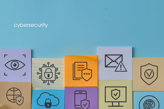 Conceptual cybersecurity illustration featuring digital security symbols, locks, shields, emails, networks, and technology icons arranged