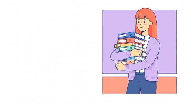 Confident young businesswoman carrying stack of binder folders in office administration illustration