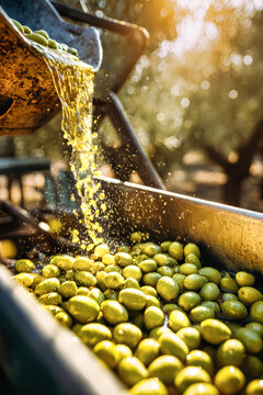 Sunshine pours over a bustling olive press as fresh green olives