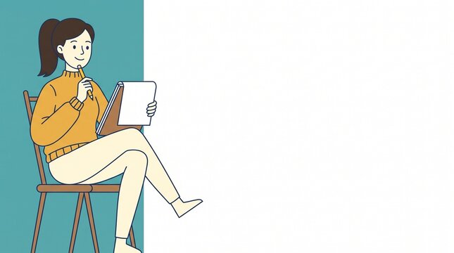 Young woman sitting on chair holding pencil and sketchbook drawing creative idea illustration