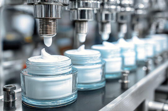 White cosmetic cream is being poured into glass jars on a produc