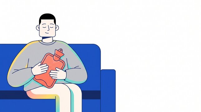 Young man sitting on sofa holding hot water bottle on stomach for pain relief illustration