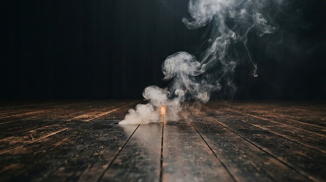 A single lit matchstick burning with smoke rising on a dark wooden table at night
