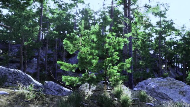Young pine sapling on rocky ridge under dappled light, granite boulders, moss and lichen, cool boreal canopy in background, solitude and resilience suggesting