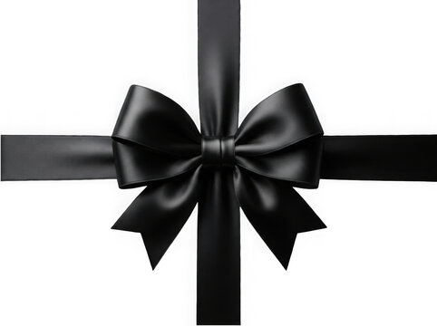Elegant black silk ribbon bow tied in a cross shape for gift wrapping and holiday decoration isolated on transparent background