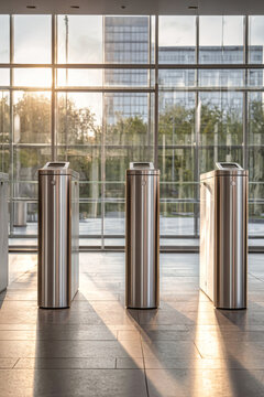 Three stainless steel turnstiles stand in sunlight at an office