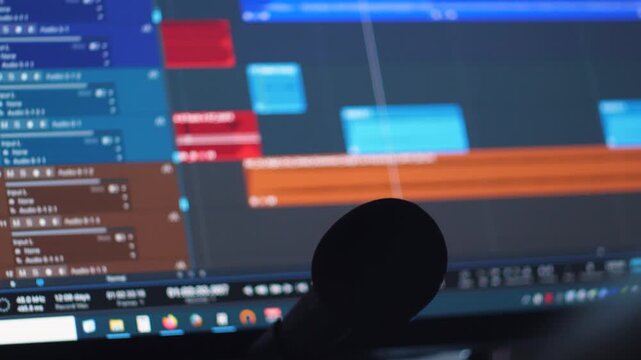 Silhouette of a studio microphone in the foreground against a blurred computer monitor screen. 
