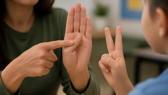 A teacher teaches a child sign language through hand gestures, with a close-up view of their hands emphasizing visual communication