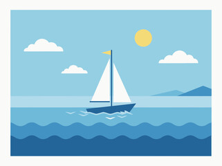 Naklejka premium Minimalist flat vector illustration of a blue sailboat with white sails on wavy ocean water.