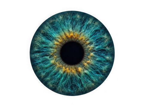 Close up view of a beautiful human eye iris with blue and yellow colors in a round shape isolated on transparent background