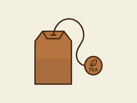 Minimalist flat vector illustration of a single brown tea bag with string and tag.